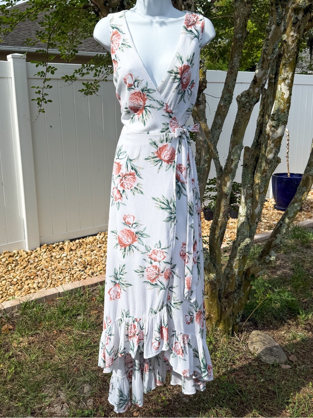 Miami Floral Wrap Midi Dress White Pink Sleeveless Medium